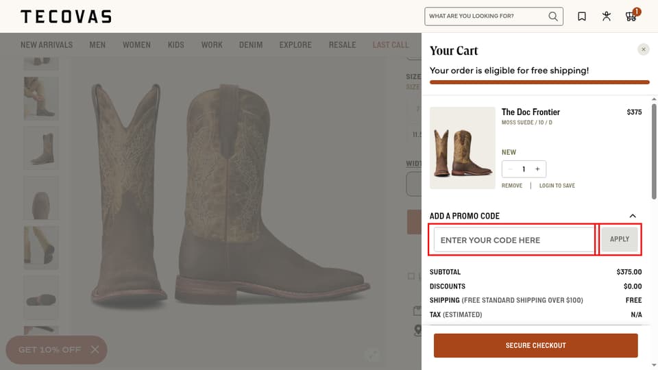 Tecovas checkout page showing the Enter your code here field and Apply button