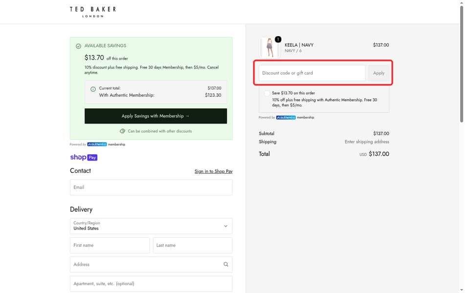 Ted Baker checkout page showing the Discount code or gift card field and Apply button