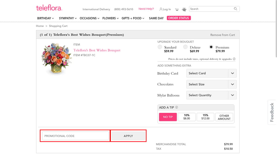 Teleflora checkout page showing the PROMOTIONAL CODE field and APPLY button