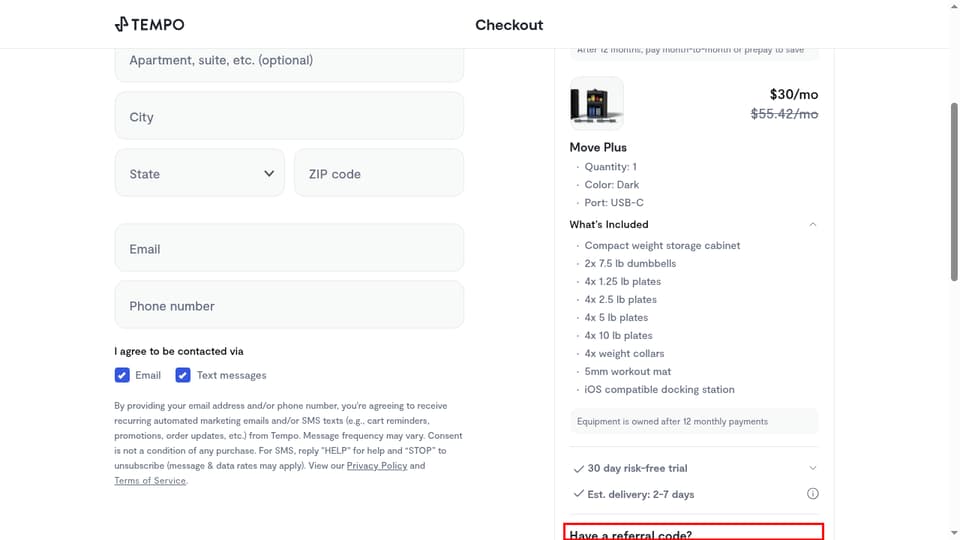 Tempo checkout page showing the Enter code field and Apply button