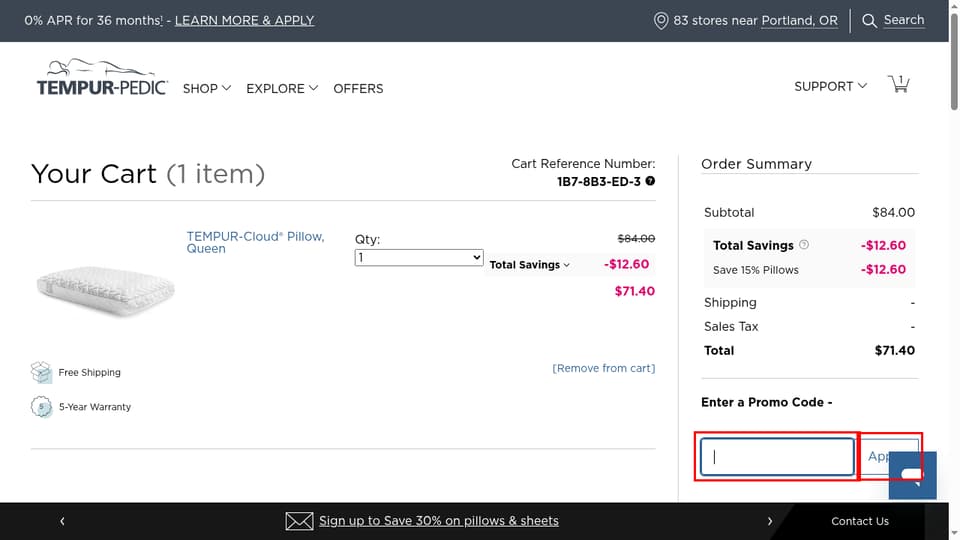 Tempur-Pedic checkout page showing the Enter a Promo Code field and Apply button