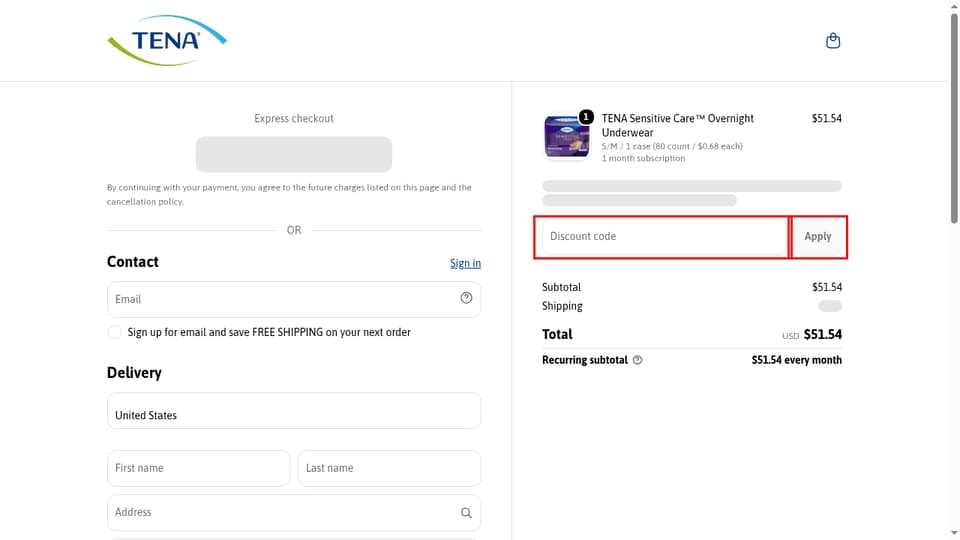 TENA checkout page showing the Discount code field and Apply button