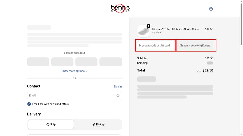 Tennis Express checkout page showing the Discount code or gift card field and Discount code or gift card button