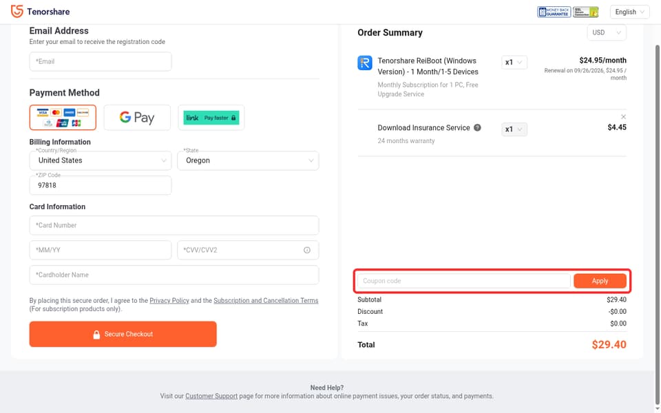 Tenorshare checkout page showing the Coupon code field and Apply button