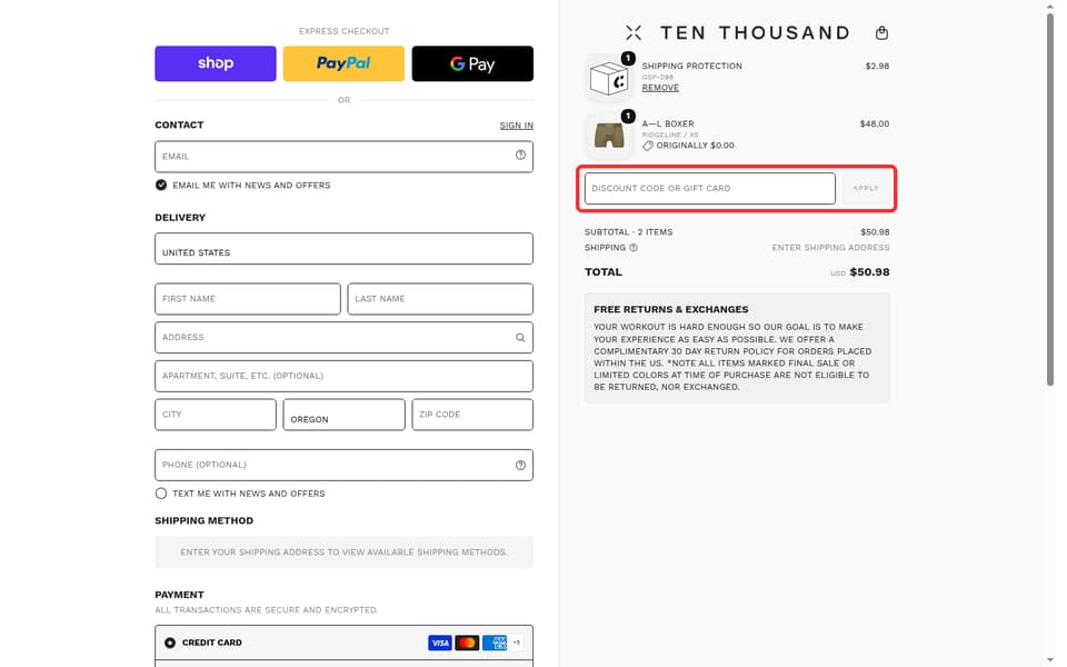 Ten Thousand checkout page showing the Discount code or gift card field and Apply button