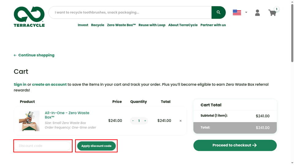 TerraCycle checkout page showing the Discount code field and Apply discount code button