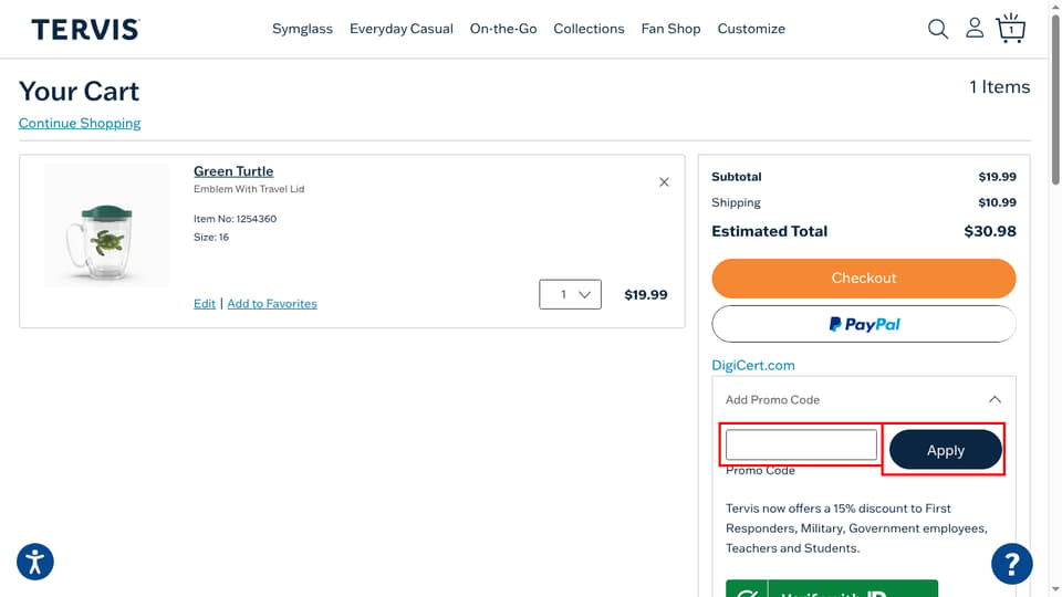 Tervis checkout page showing the Promo Code field and Apply button