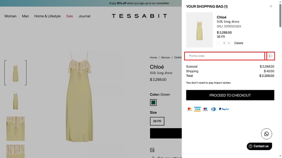 Tessabit checkout page showing the Promo code field and Apply button