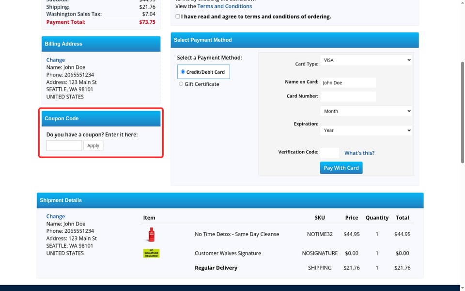 TestClear checkout page showing the Do you have a coupon? Enter it here: field and Apply button