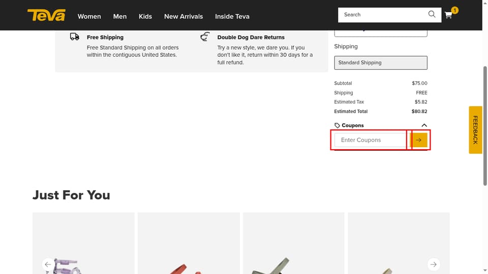 Teva checkout page showing the Enter Coupons field and Apply button