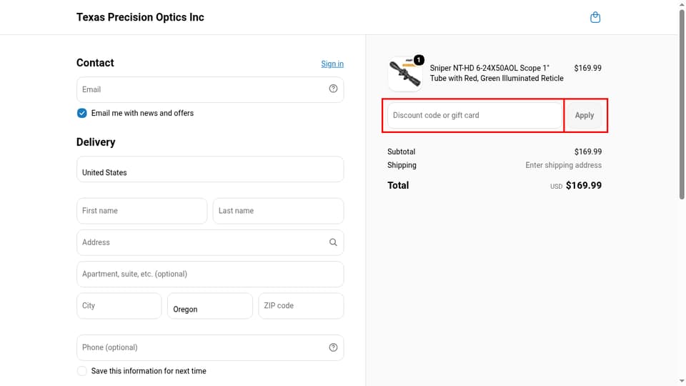Texas Precision Optics checkout page showing the Discount code or gift card field and Apply button