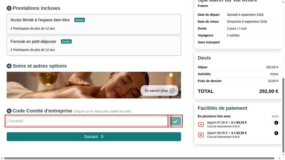 Thalasseo checkout page showing the Code Comité d'entreprise field and Apply button