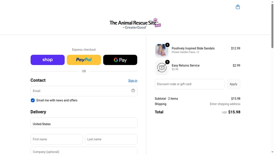 Animal Rescue Site checkout page showing the Discount code or gift card field and Apply button