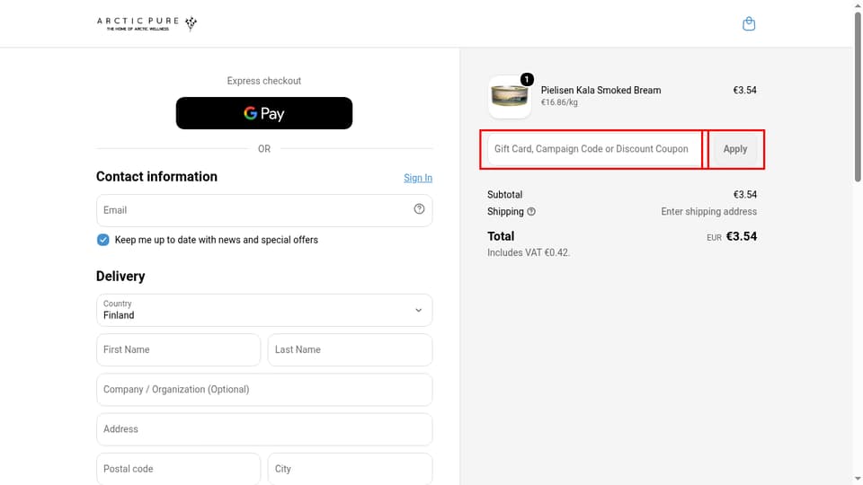 The Arctic Pure checkout page showing the Gift Card, Campaign Code or Discount Coupon field and Apply button