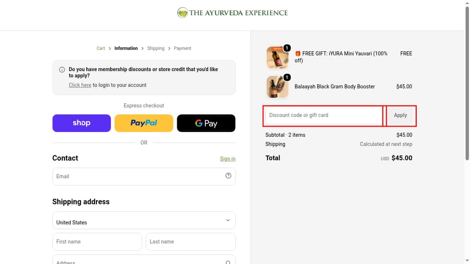 The Ayurveda Experience checkout page showing the Discount code or gift card field and Apply button