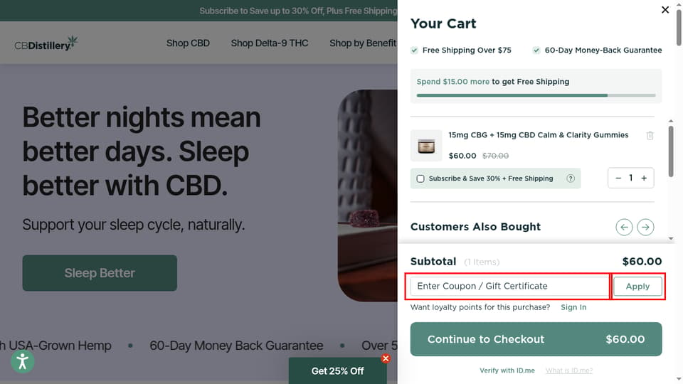 CBDistillery checkout page showing the Enter Coupon / Gift Certificate field and Apply button