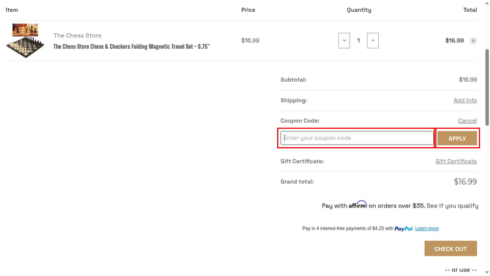 The Chess Store checkout page showing the Enter your coupon code field and Apply button