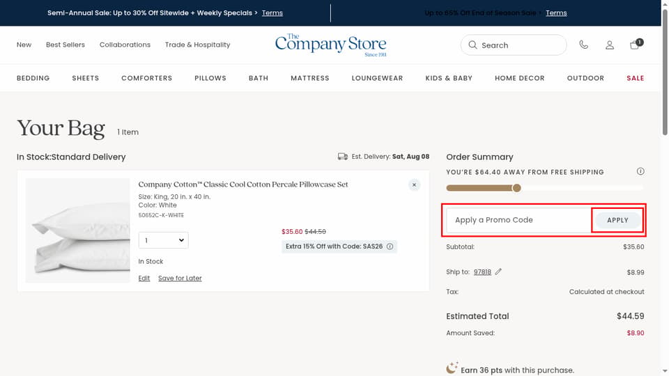 The Company Store checkout page showing the Apply a Promo Code field and Apply button