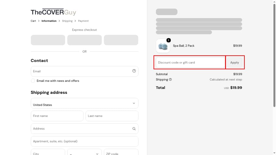 The Cover Guy checkout page showing the Discount code or gift card field and Apply button