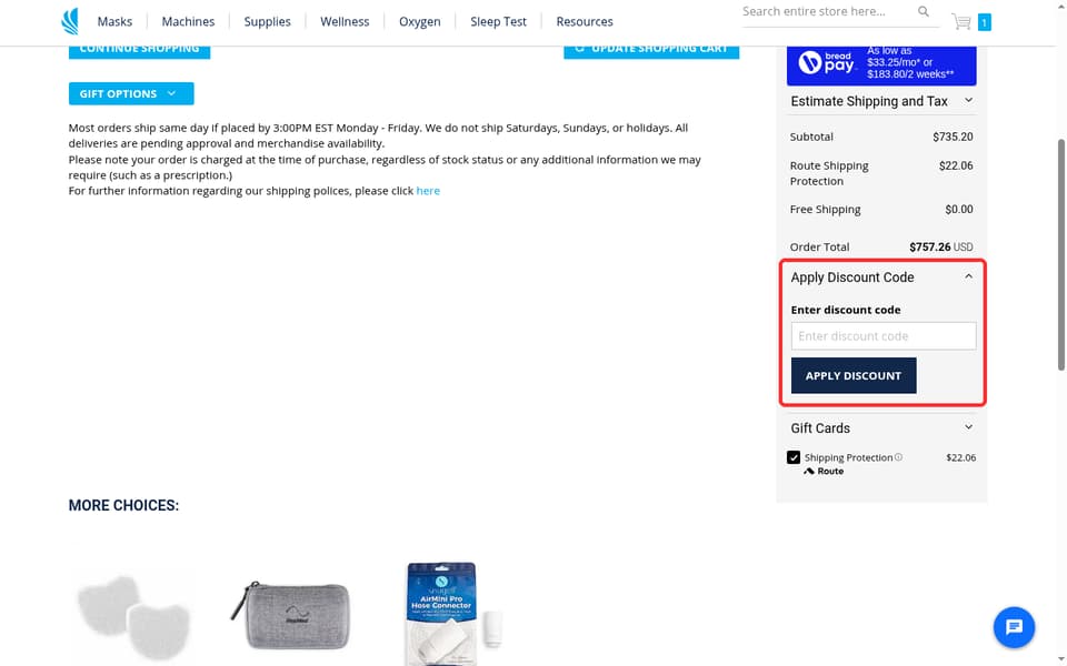 The CPAP Shop checkout page showing the Enter discount code field and Apply Discount button
