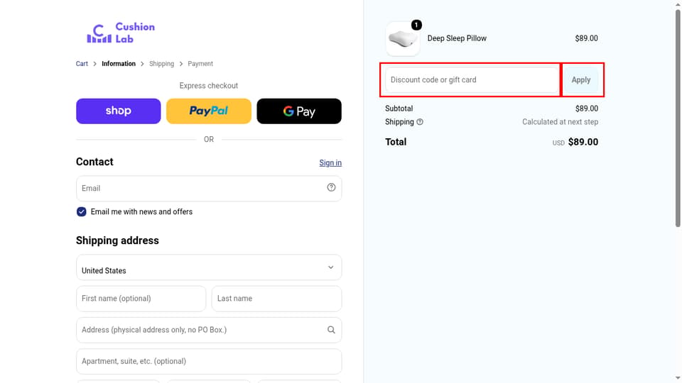 Cushion Lab checkout page showing the Discount code or gift card field and Apply button