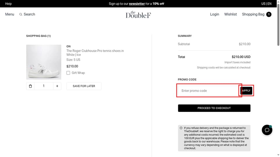 TheDoubleF checkout page showing the Enter promo code field and Apply button