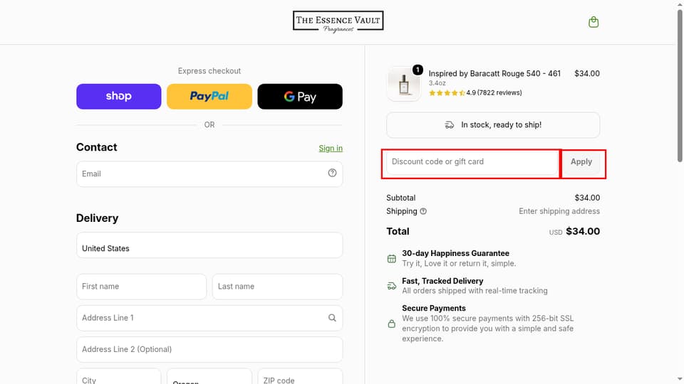 The Essence Vault checkout page showing the Discount code or gift card field and Apply button