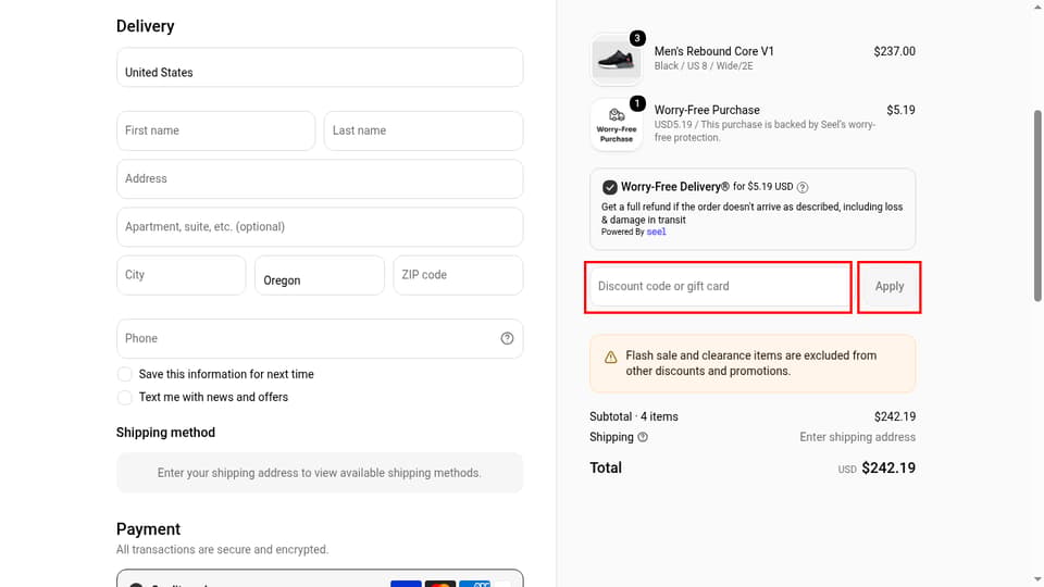 FitVille checkout page showing the Discount code or gift card field and Apply button