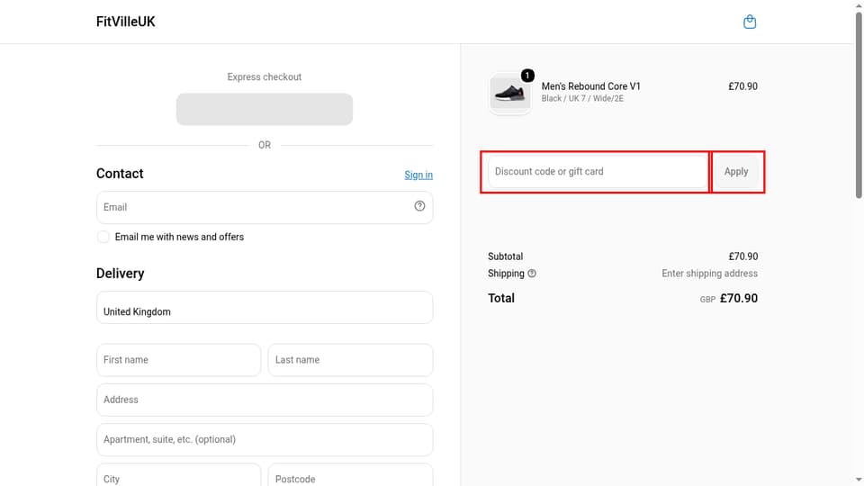 FitVille checkout page showing the Discount code or gift card field and Apply button