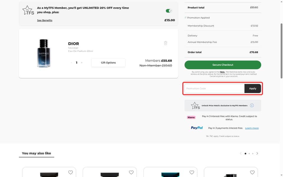 The Fragrance Shop checkout page showing the Promotion Code field and Apply button