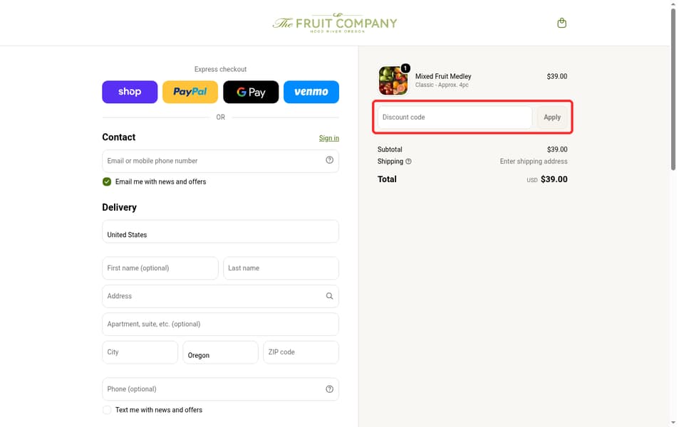 The Fruit Company checkout page showing the Discount code field and Apply button