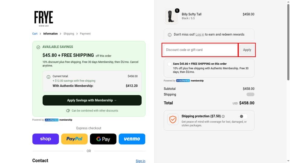 The Frye Company checkout page showing the Discount code or gift card field and Apply button