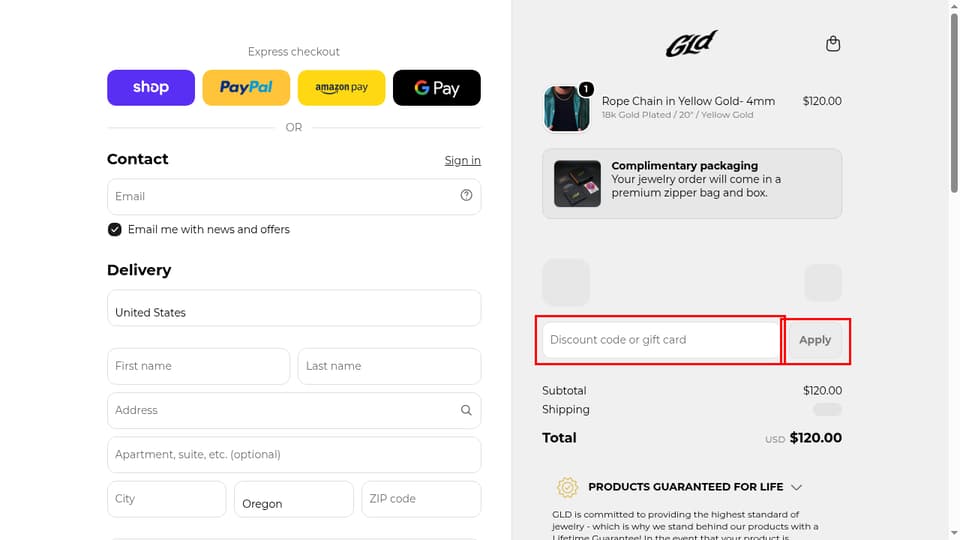 GLD checkout page showing the Discount code or gift card field and Apply button