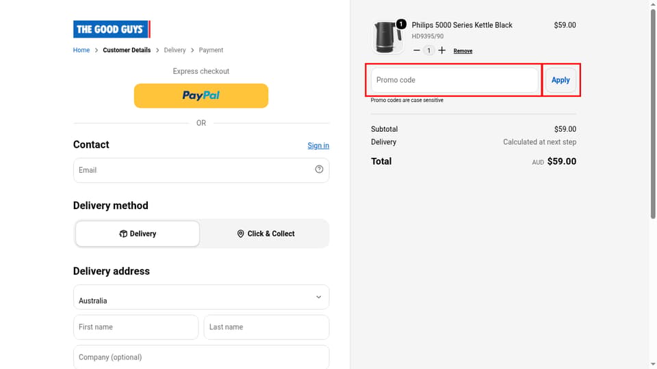 The Good Guys checkout page showing the Promo code field and Apply button