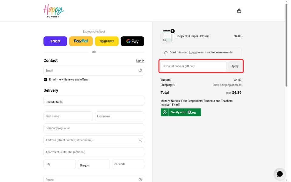 The Happy Planner checkout page showing the Discount code or gift card field and Apply button