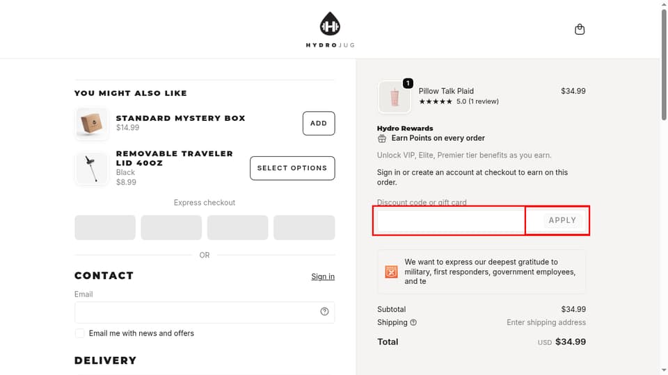 HydroJug checkout page showing the Discount code or gift card field and Apply button