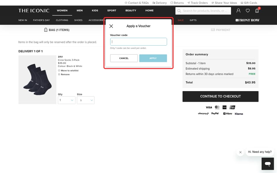 THE ICONIC checkout page showing the Voucher code field and Apply button
