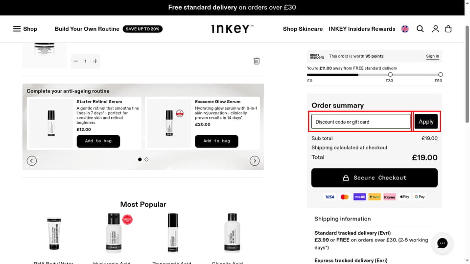 The INKEY List checkout page showing the Discount code or gift card field and Apply button