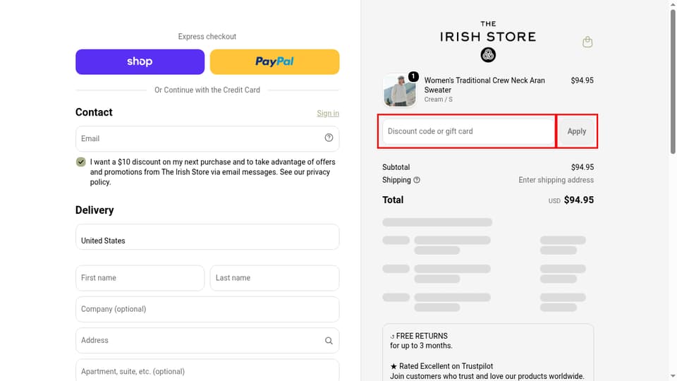 The Irish Store checkout page showing the Discount code or gift card field and Apply button