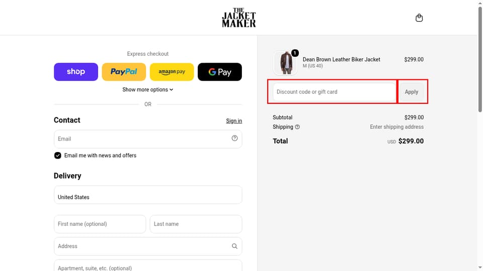 The Jacket Maker checkout page showing the Discount code or gift card field and Apply button