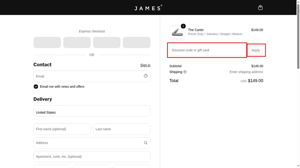 The James Brand checkout page showing the Discount code or gift card field and Apply button