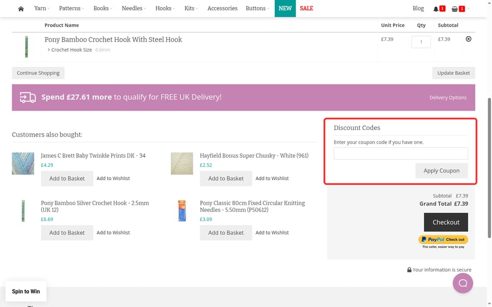 The Knitting Network checkout page showing the Enter your coupon code if you have one. field and Apply Coupon button