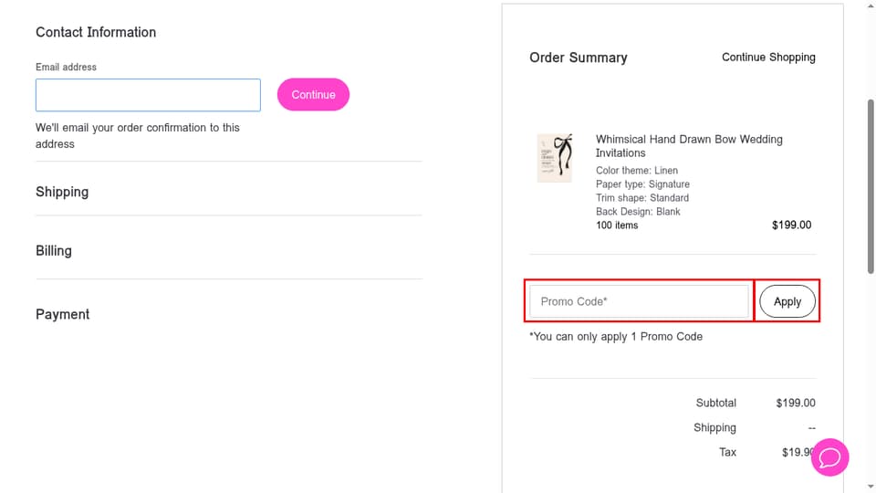 The Knot checkout page showing the Promo Code* field and Apply button