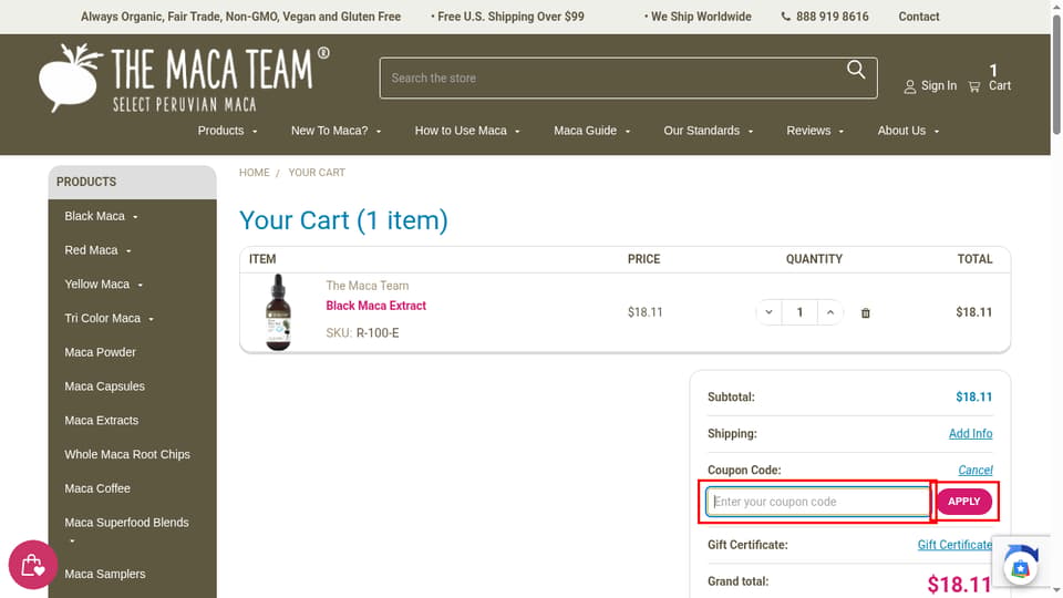 The Maca Team checkout page showing the Enter your coupon code field and Apply button