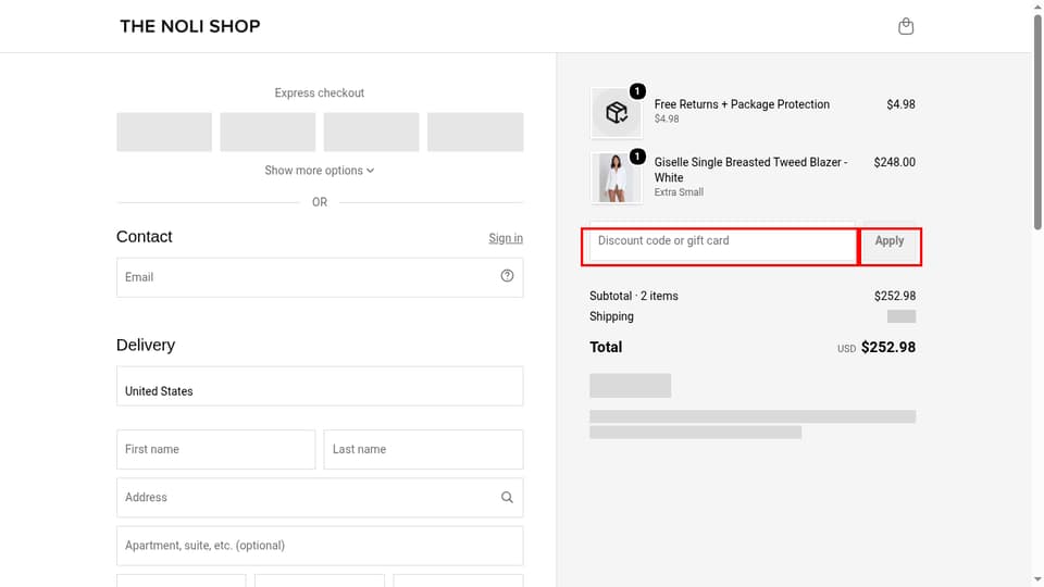 The Noli Shop checkout page showing the Discount code or gift card field and Apply button