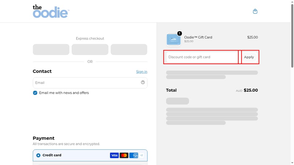 The Oodie checkout page showing the Discount code or gift card field and Apply button