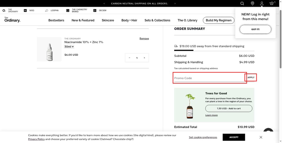 The Ordinary checkout page showing the 