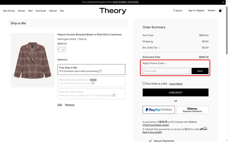 Theory checkout page showing the Promo Code field and Apply button