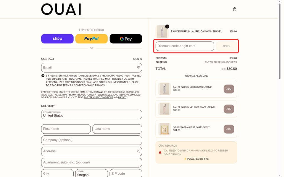 OUAI checkout page showing the Discount code or gift card field and Apply button