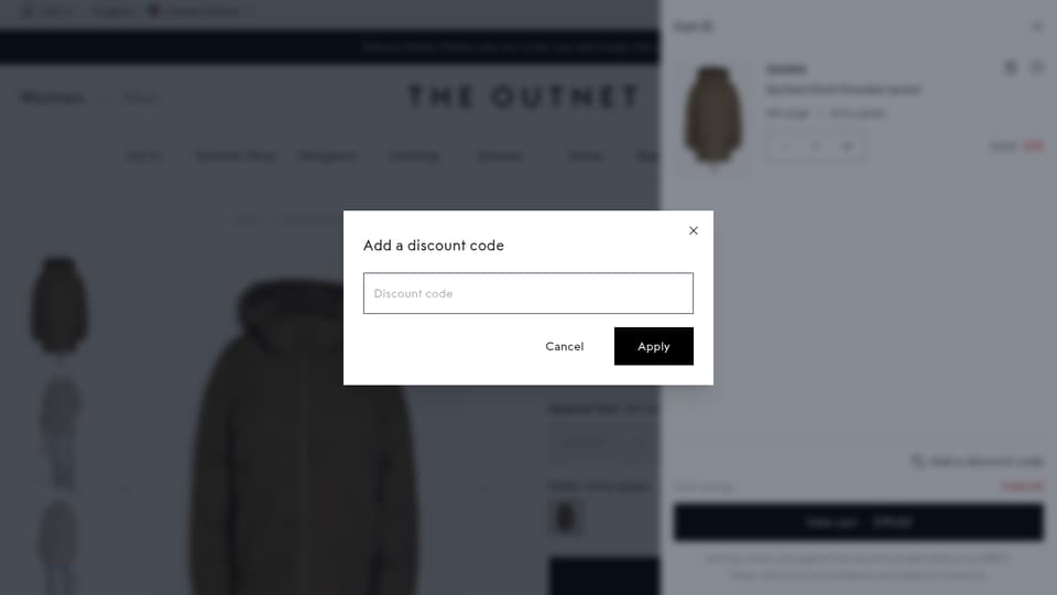 THE OUTNET checkout page showing the Discount code field and Apply button